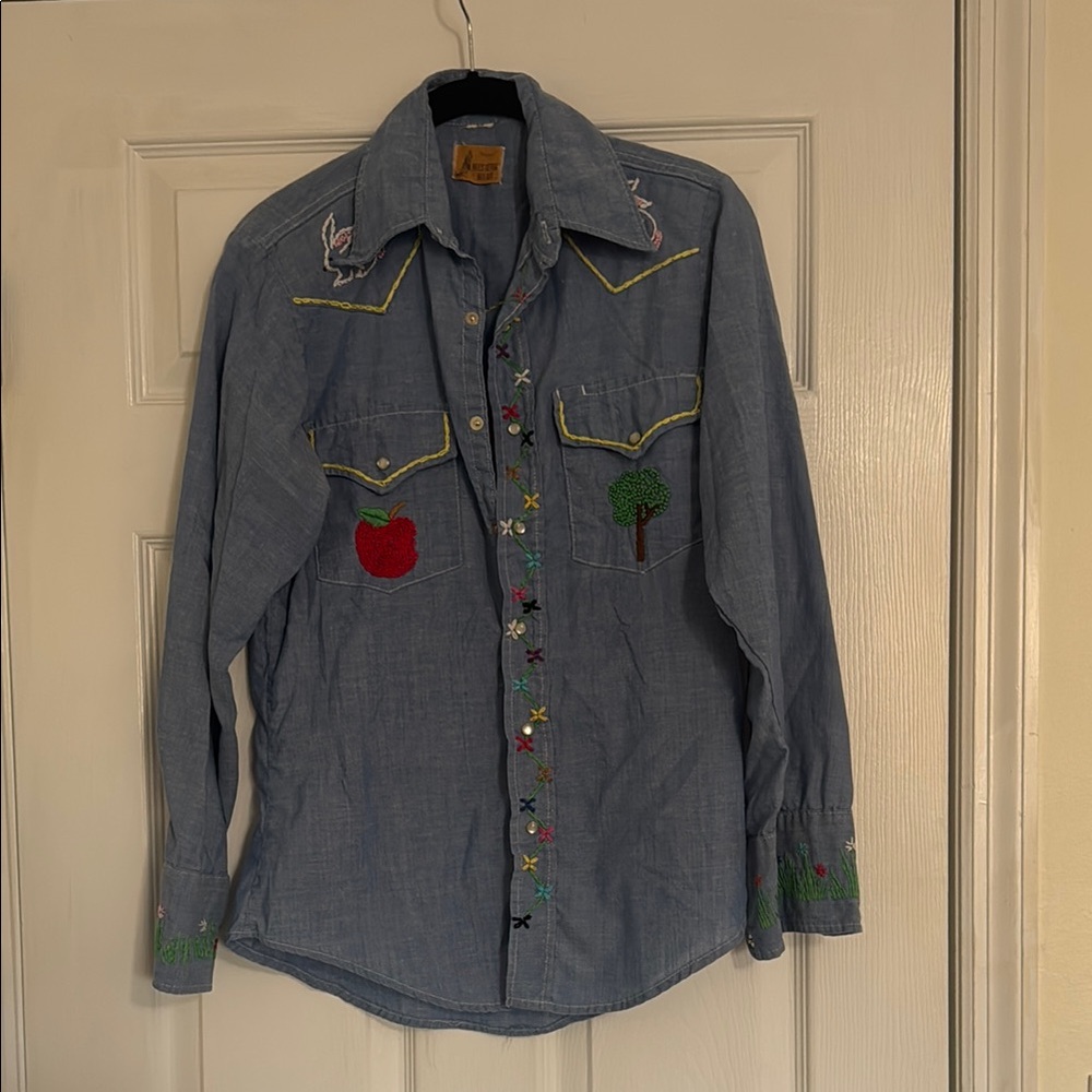 Western Wear - Embroidered Denim Shirt with Apple and Tree Design